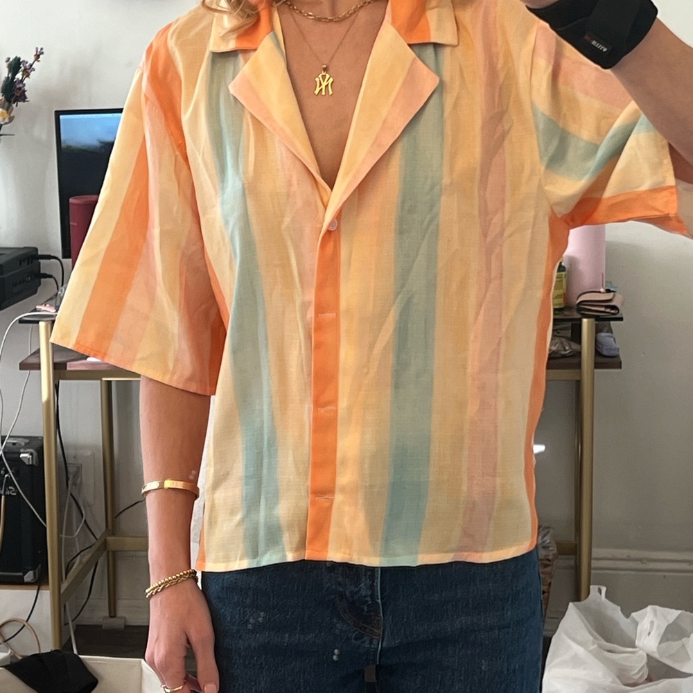 vrg gel pastel striped bowling shirt size m